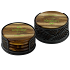 Acacia Wood Coaster: 4 Piece Round Set with Black Metal Stand